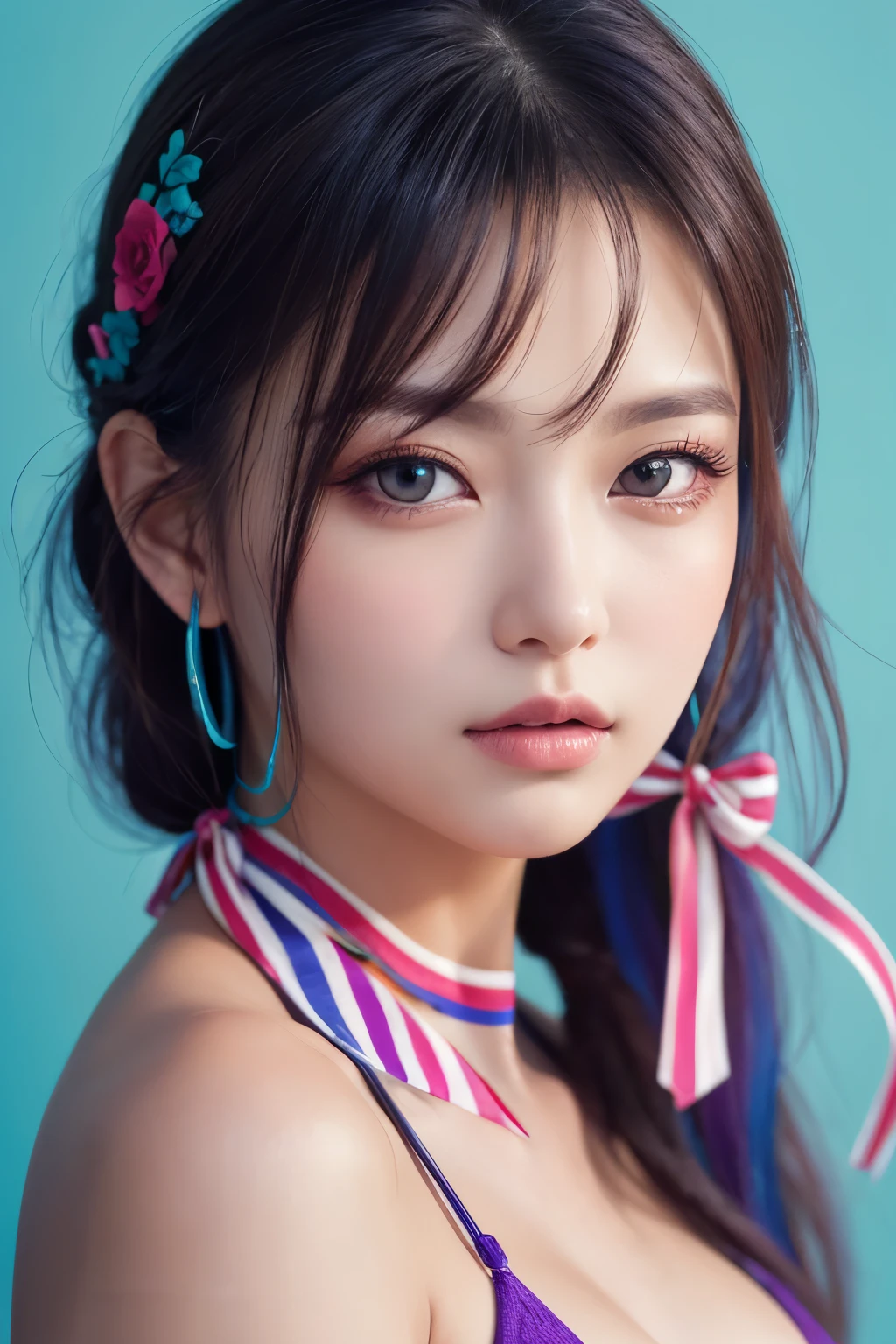 high quality, real、High resolution, Realistic、8k、masterpiece, detailed.impressive, Cutting-edge female photography portraits, Mini Bikini、Gentle expression、Mid Shot、Looking at the camera、Facing forward、cyan, and purple, Her vibrant makeup really catches the eye.. (Her colorful hair is tied up high)