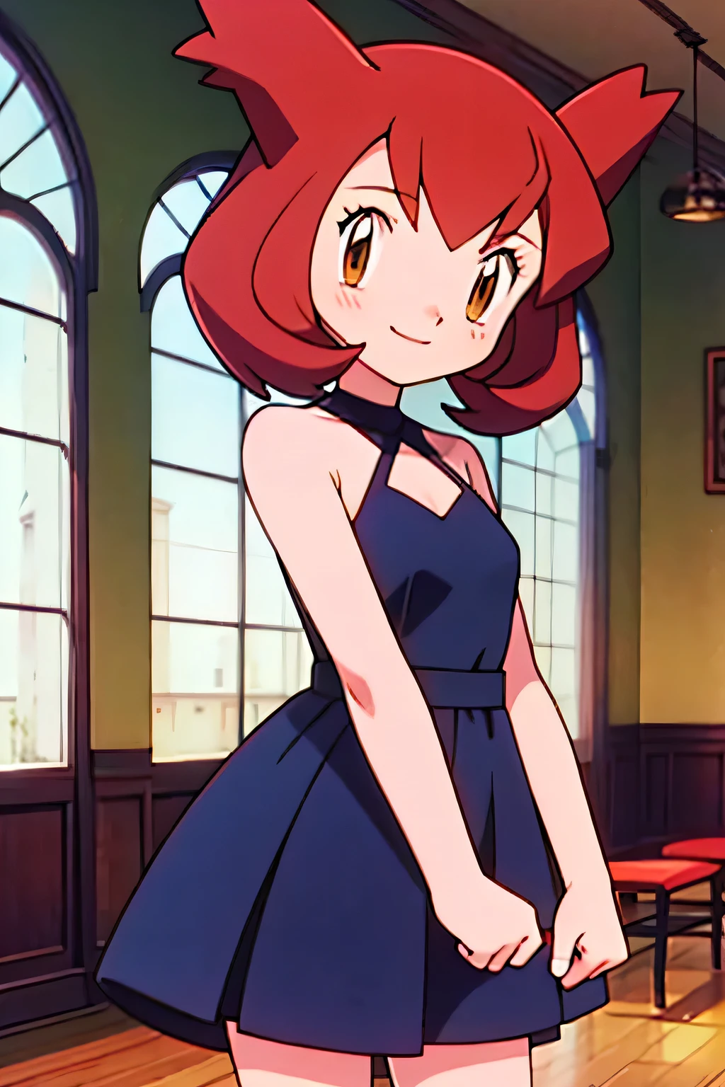 1 girl, solo, Pokemon Heroes (Bianca), Brown Hair, brown eyes, bare shoulders, black cut out halterneck dress, smile, ballroom, cowboy shot, facing viewer, absurdres, ultra detailed, masterpiece, best quality, Teenager, pokemovies, window of a purple sundown
