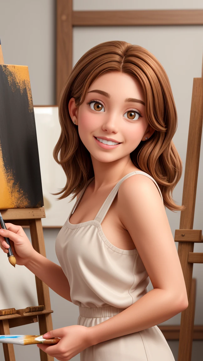 A 30 year old woman, light brown hair , Round face, charmer smile, full mouth , painting picture ,Paint studio , paints and brushes