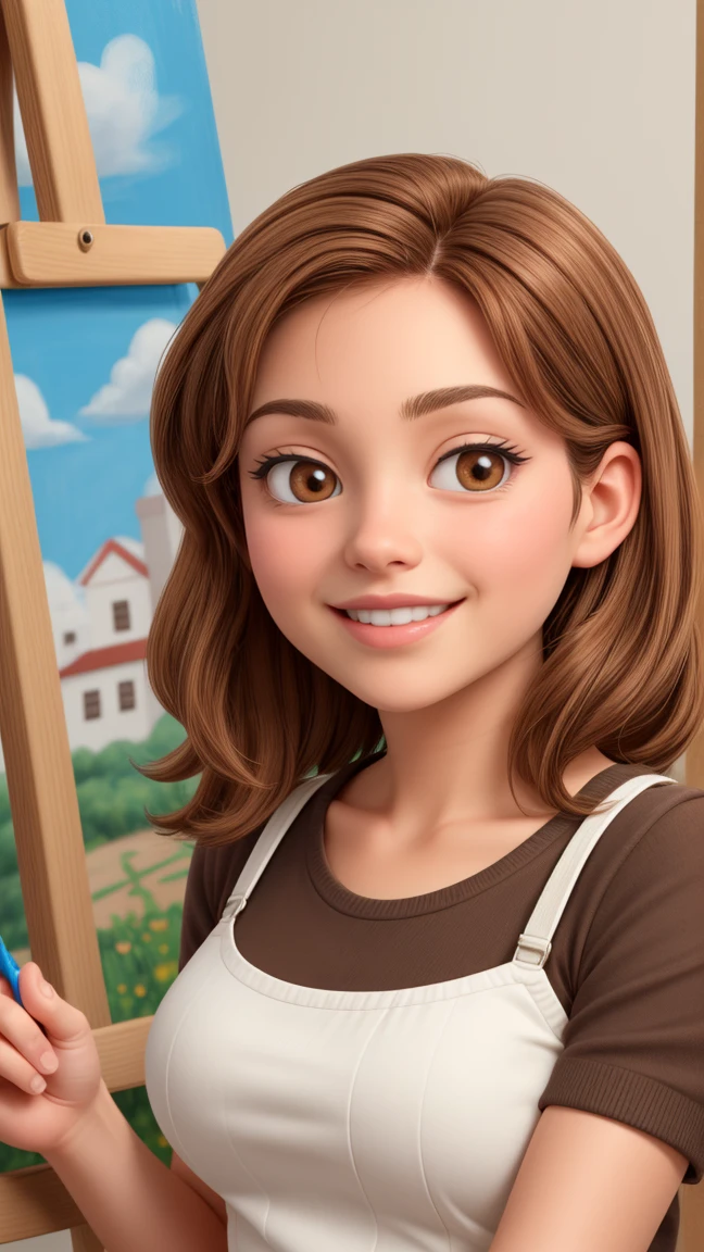A 30 year old woman, light brown hair , Round face, charmer smile, full mouth , painting picture ,Paint studio , paints and brushes