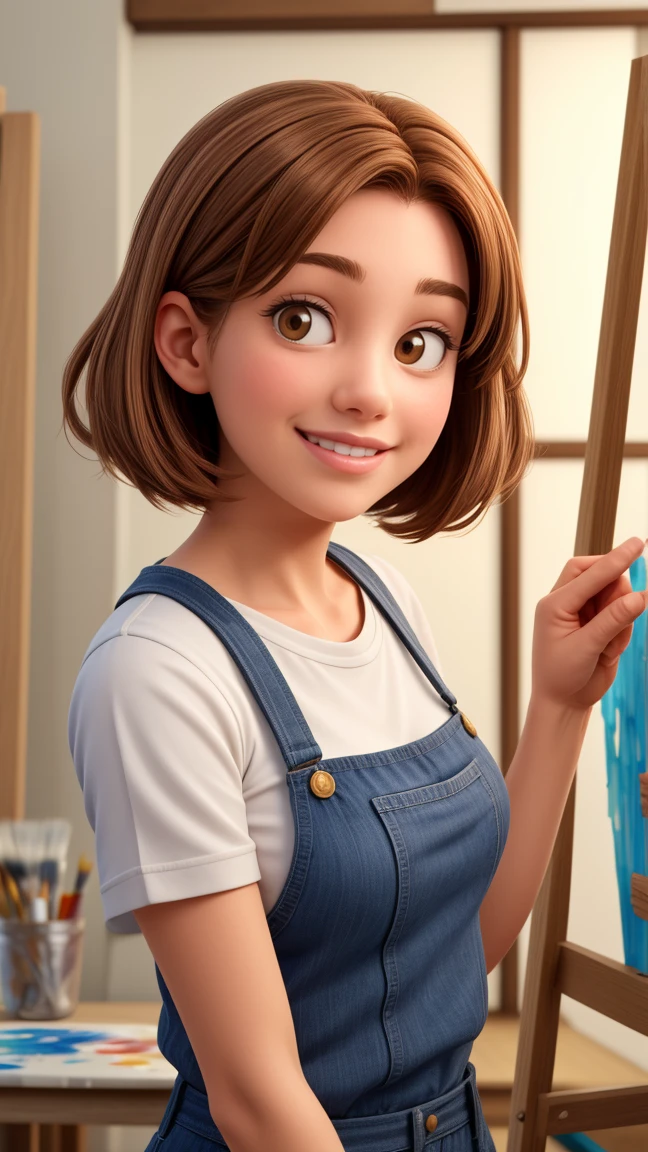 A 30 year old woman, light brown hair , Round face, charmer smile, full mouth , painting picture ,Paint studio , paints and brushes