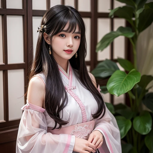 best quality, Delicate face,beautiful visual work, lifelike, eternity, black hair, Long curly hair, blunt bangs, Smile, Detailed Background, Delicate face,pink blush,cold,((masterpiece))、(top quality)、8k、high detail、Super detailed,21 years old female,Wearing wide-sleeved Tang Dynasty Hanfu、Clothes made of chiffon,Transparent sleeves, Seductive and whimsical style、masterpiece、born、Scenes resembling fairy tale illustrations、intricate details和複雜的設計、Beautifully、magic、capricious、 Beautifully、Dream aesthetics、「𝓡𝓸𝓶𝓪𝓷𝓽𝓲𝓬、ethereal、charming、fickle、magic」、realism、Visual effects、FXAA、SSAO、Shader、voiceless、ambient lighting、Tone mapping、High resolution、Ultra high quality、Million pixels、(8K resolution:1.10)、8k、8k以下、8K resolution、high detail、intricate details, (high quality:1.2、masterpiece:1.2、:1.21)、(21 years old female:1.21)、(興奮地Smile)、(Surrounded by a dreamy atmosphere、Model diagram,full-body shot,Normal 2 feet,don't stretch out your hand,The protrusion of the breast is visible when wearing clothes, Large Breasts, H cup chest, Landscape photos