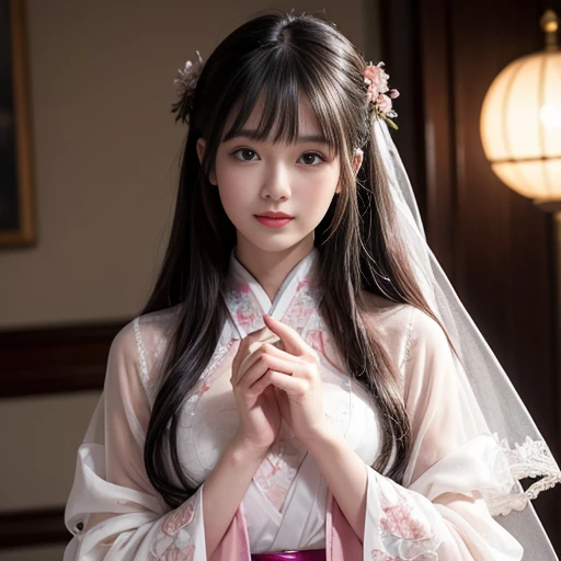best quality, Delicate face,beautiful visual work, lifelike, eternity, black hair, Long curly hair, blunt bangs, Smile, Detailed Background, Delicate face,pink blush,cold,((masterpiece))、(top quality)、8k、high detail、Super detailed,21 years old female,Wearing wide-sleeved Tang Dynasty Hanfu、Clothes made of chiffon,Transparent sleeves, Seductive and whimsical style、masterpiece、born、Scenes resembling fairy tale illustrations、intricate details和複雜的設計、Beautifully、magic、capricious、 Beautifully、Dream aesthetics、「𝓡𝓸𝓶𝓪𝓷𝓽𝓲𝓬、ethereal、charming、fickle、magic」、realism、Visual effects、FXAA、SSAO、Shader、voiceless、ambient lighting、Tone mapping、High resolution、Ultra high quality、Million pixels、(8K resolution:1.10)、8k、8k以下、8K resolution、high detail、intricate details, (high quality:1.2、masterpiece:1.2、:1.21)、(21 years old female:1.21)、(興奮地Smile)、(Surrounded by a dreamy atmosphere、Model diagram,full-body shot,Normal 2 feet,don't stretch out your hand,The protrusion of the breast is visible when wearing clothes, Large Breasts, H cup chest, Landscape photos