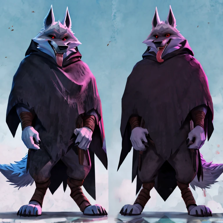 Death (Puss in Boots: The Last Wish), DreamWorks Animation, 2D, Looking at viewer, Open Mouth, Tongue Out, Long Tongue, Wide-Eyed, Wolf Ears, Anatomically Correct, Seductive Smile, Raised Eyebrow, Oral Invitation, Simple background, Multiple Views, Full Body Shot, Character Sheet Full-Length, Character Design, Illustration, High Resolution, Super Detailed, Textured Skin