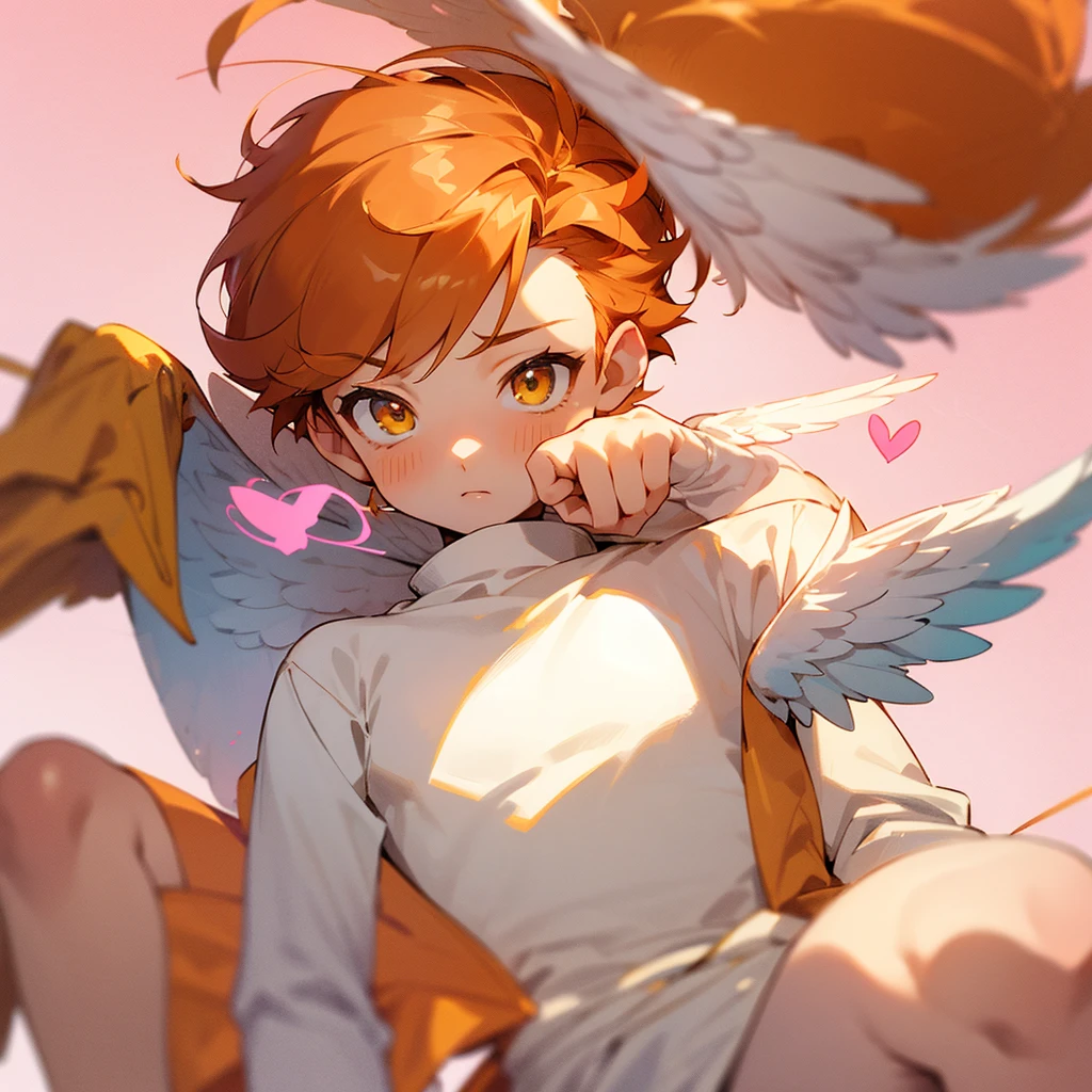 Chibi, anime boy, little boy, 17 years old, orange hair, yellow eyes, white angel wings, angel, small, cute, short fluffy hair, angel boy, small, long sleeve, cupid

I am a cupid

cupid 

bow with heart arrow

hearts

pastel pink background 