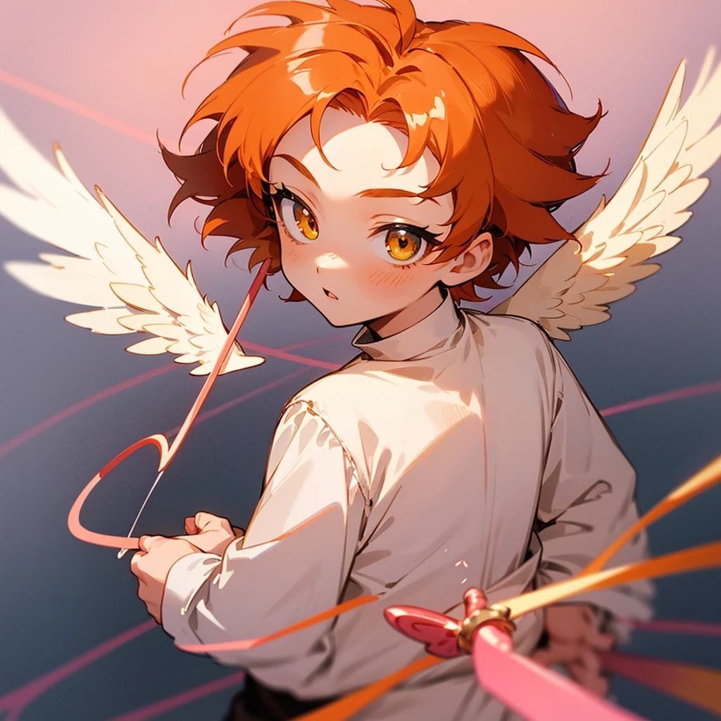 Chibi, anime boy, little boy, 17 years old, orange hair, yellow eyes, white angel wings, angel, small, cute, short fluffy hair, angel boy, small, long sleeve, cupid
I am a cupid
cupid
bow with heart arrow
hearts
pastel pink background