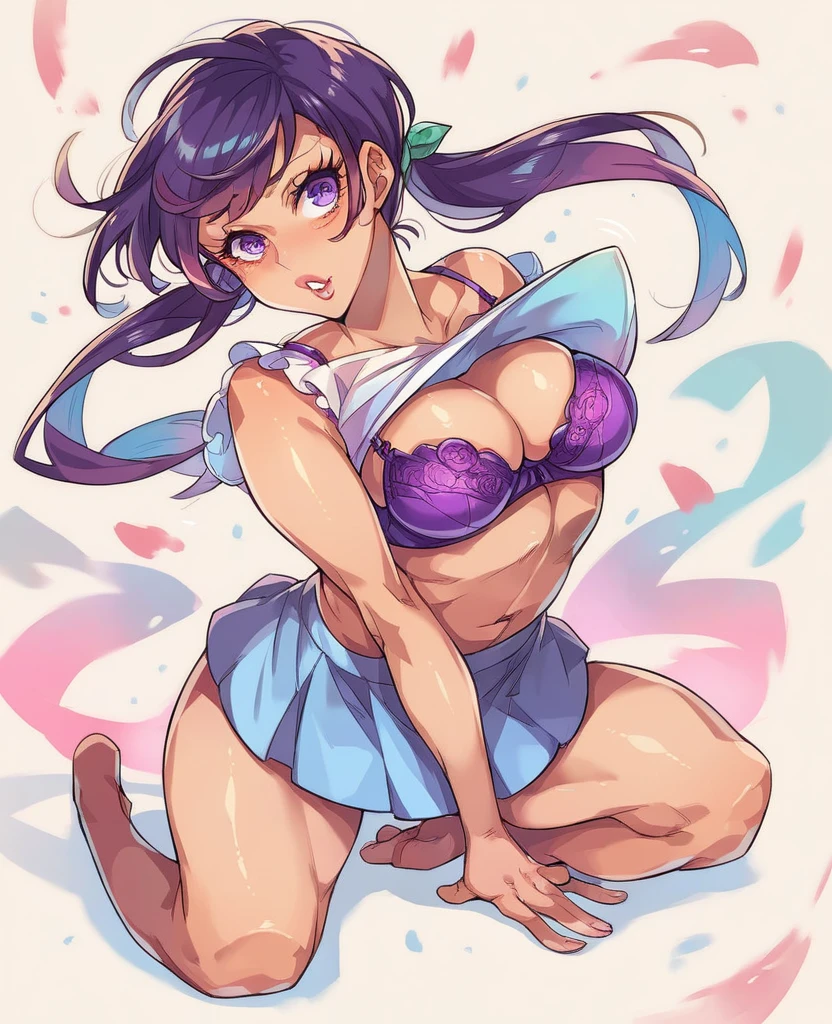 Full body sexy woman, with mini skirt , in almost transparent purple bra . 