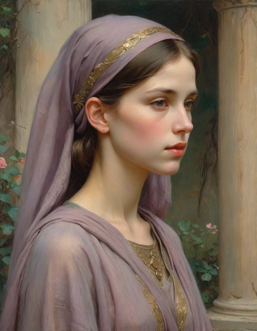 Masterpiece, ((realistic)), (propaganda poster), (((by John William Waterhouse))), (((Moebius Jean Giraud))), ((((profile portrait of a veiled roman 10 year old girl, extremely beautiful!!!!!!!! pretty!!!!! face!!!!!, tiny, very skinny, priestess, dignified, wearing black silken robes, detailed moth and rose elements, muted colors)))), (((corinthian columns with moth elements, jungle background, mauve moths))). (flat!!!!! tiny!!!!! chest)