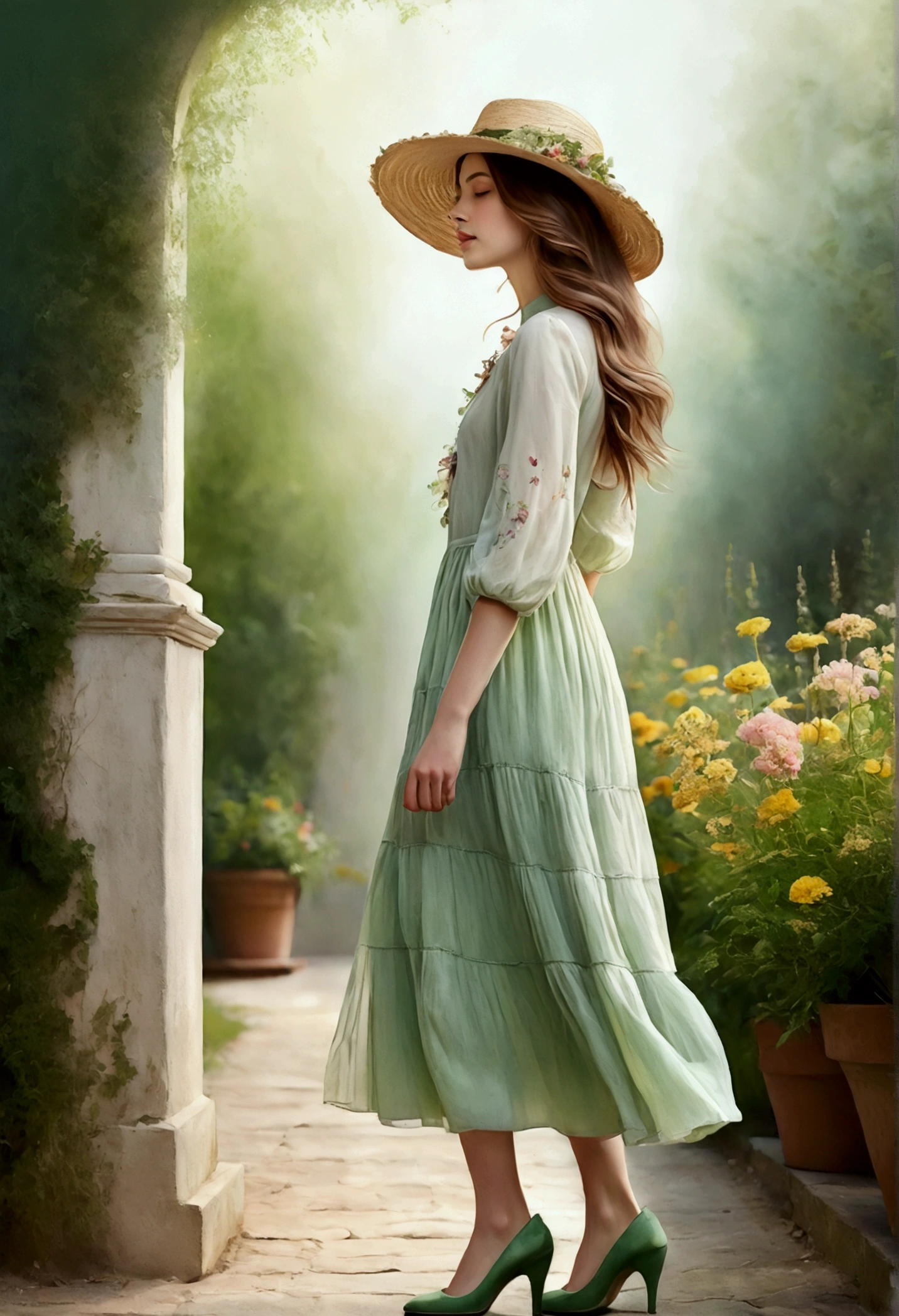 Create a digital illustration in a style that mixes realism and watercolor of a young woman ((standing profile)) with fair skin with a soft and serene expression. She must be portrayed with ((full body)), showing her ((beautiful green shoes)). She has long, wavy brown hair that flows around her face naturally. His eyes are clear and bright, conveying a feeling of tranquility. The young woman wears a straw hat decorated with flowers, which add a touch of delicacy and romanticism to the scene. Her clothing is light and fluid, in pastel tones that complement the ethereal atmosphere of the image. The color palette should be soft, with touches of golden light and subtle shadows to create a feeling of warmth and harmony. She walks along a path with a bed of colorful flowers.