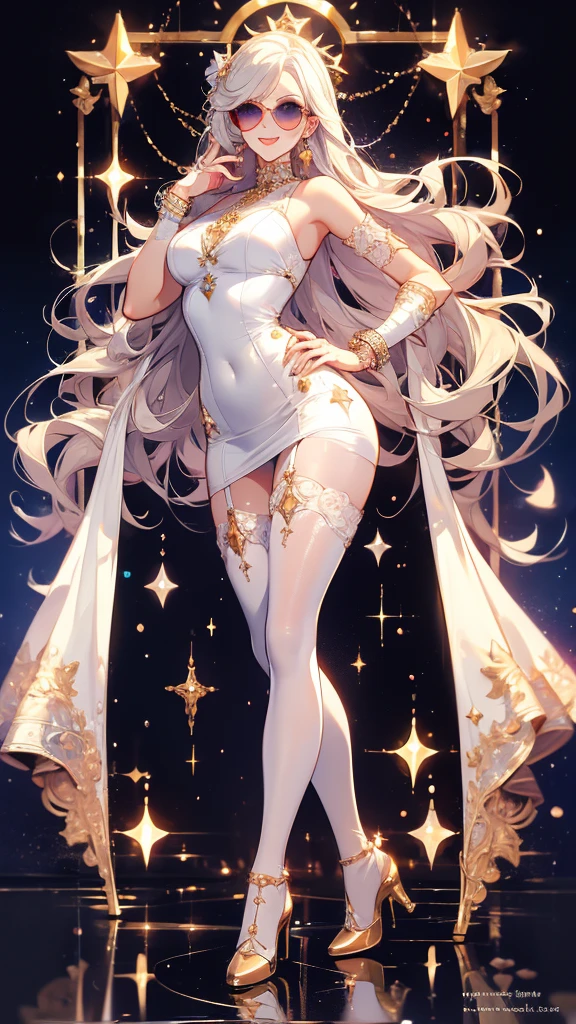 ((masterpiece， best quality))，Idol singer，Royal sister，sunglasses，Pure white background，Detailed face，Smile，whole body，Perfect body proportions，Glowing milky white eyes，sexly，Tattoo，extremely beautiful，transparent，High heel，Fishnet stockings，Star decoration,