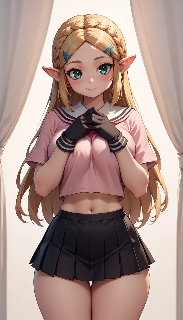 High resolution, Very detailed, perfect lighting, beautiful detailed eyes, ((masterpiece,Best Quality)), absurdities, alone, princess zelda, by the width, crown braid, Hair clip, pointy ears, Gloves without fingers, black gloves, smile, curves, nod, , deep neckline, deep neckline, pink school uniform with white details,short skirt, visible underwear, red thong, black uniform, pink shirt with black bow, touching her breasts in a sexy way, close up