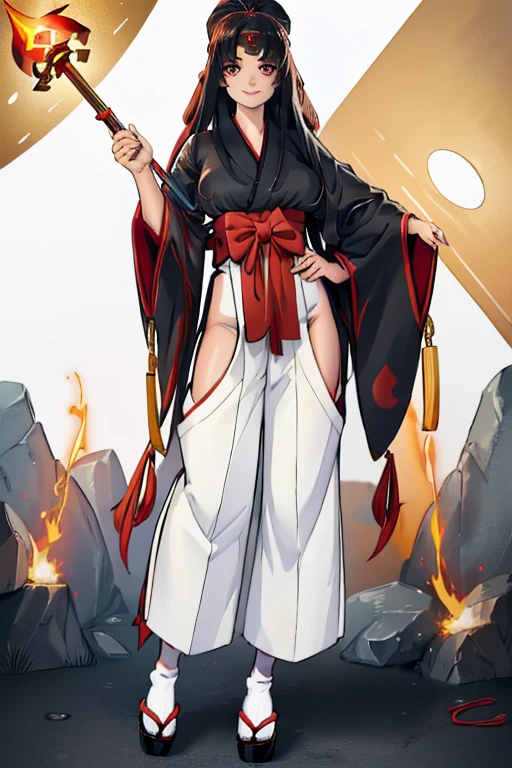 female, silver long hair, red eyes, (((1girl))), (((red kimono))), (black Japanese sandals), (white socks), (black hakama pants), cute and sexy, full body, large breasts, long legs, smiling, standing