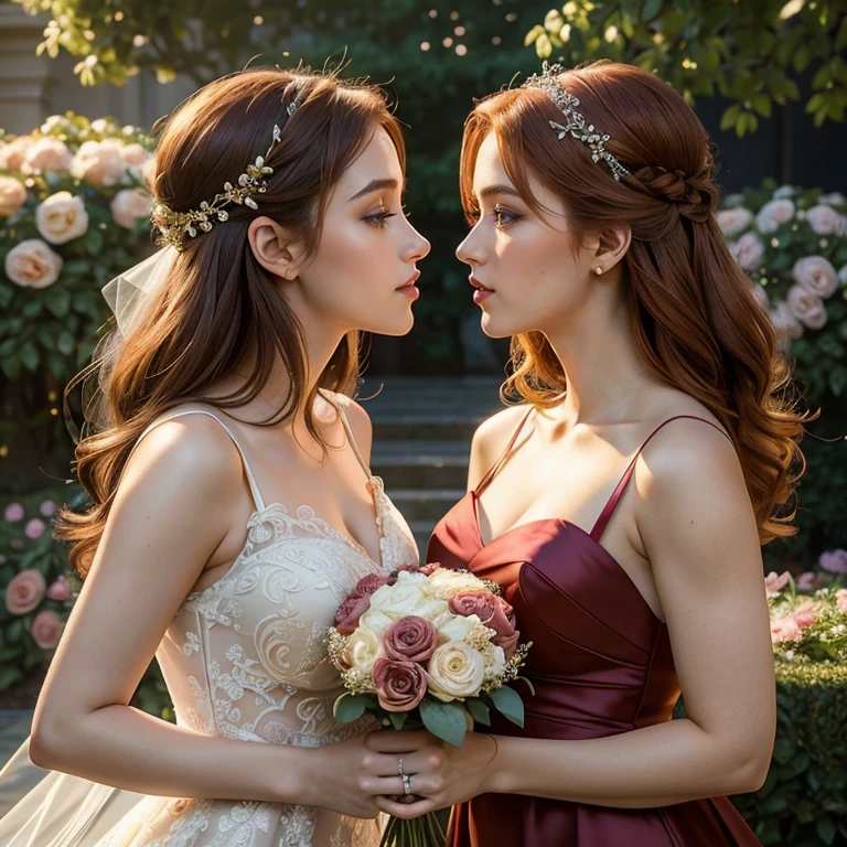 (masterpiece, best quality:1.5), highest quality, High resolution, super detailed, Realists, Upper body photo of the red-haired bridesmaids, detailed and beautiful eyes, beautiful detailed lips, very detailed eyes and face, longeyelashes, Woman in bridesmaid dress made of shiny satin fabric, Beautiful and colorful makeup, elegant and noble々Pose,shiny satin headband, Grinding, Holding flowers, Gardens as background, soft daylight, bright colors, fine brushstrokes, Portrait style, Noble details in the dress fabric, beautiful color palette, glowing skin, First-class rendering, that captures every detail, enchanting atmosphere, subtle shadows and lights, (perfect anatomy:1.2), (The two stunning bridesmaids are deeply in love and passionate, Reach under the dress:1.4), (kiss:1.2), (magnificent panorama view:1.2)