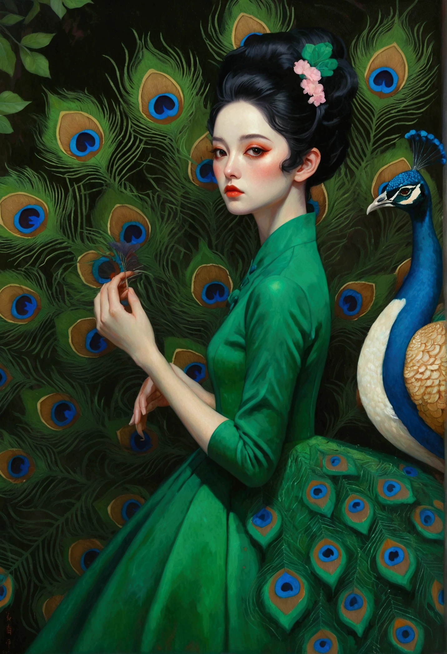 A woman in a green dress in the painting,A peacock perched on his shoulder, Tom Bagshaw Donato Giancora, Natalie Shaw Tom Bagshaw, Artgerm and Tom bAgshAw, Beautiful character painting, Artgerm Julie Bell Beeple, Chie Yoshii, Art Jam and James Jean, Art by Tom Bagsha, tom bagshaw style