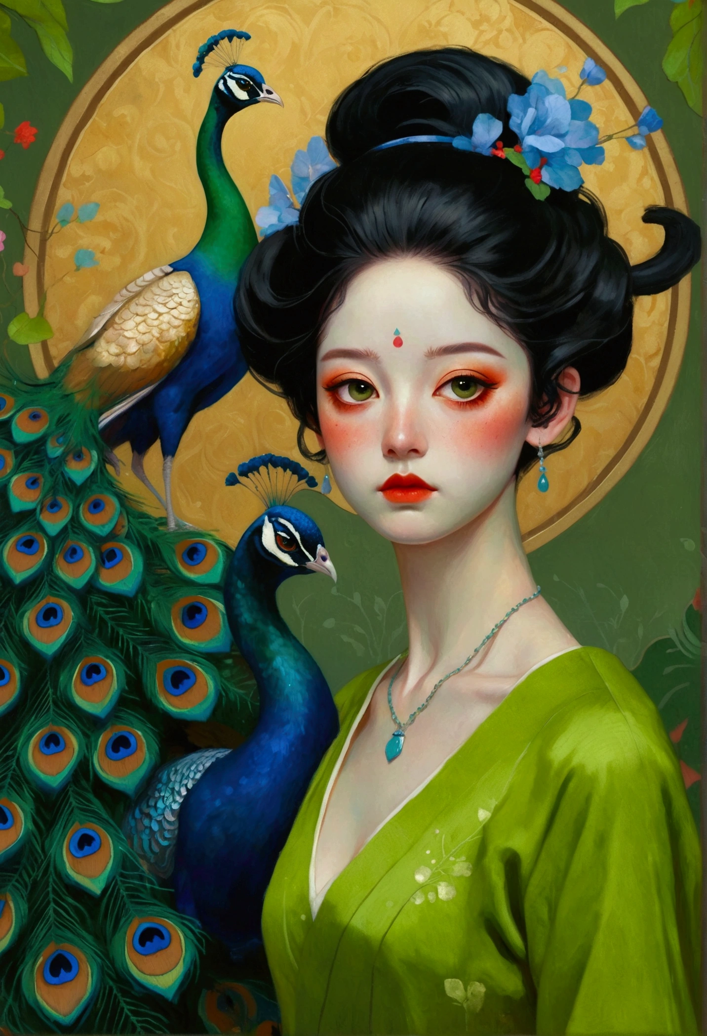 A woman in a green dress in the painting,A peacock perched on his shoulder, Tom Bagshaw Donato Giancora, Natalie Shaw Tom Bagshaw, Artgerm and Tom bAgshAw, Beautiful character painting, Artgerm Julie Bell Beeple, Chie Yoshii, Art Jam and James Jean, Art by Tom Bagsha, tom bagshaw style