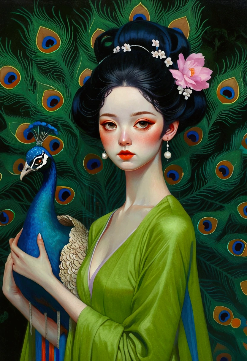 A woman in a green dress in the painting,A peacock perched on his shoulder, Tom Bagshaw Donato Giancora, Natalie Shaw Tom Bagshaw, Artgerm and Tom bAgshAw, Beautiful character painting, Artgerm Julie Bell Beeple, Chie Yoshii, Art Jam and James Jean, Art by Tom Bagsha, tom bagshaw style