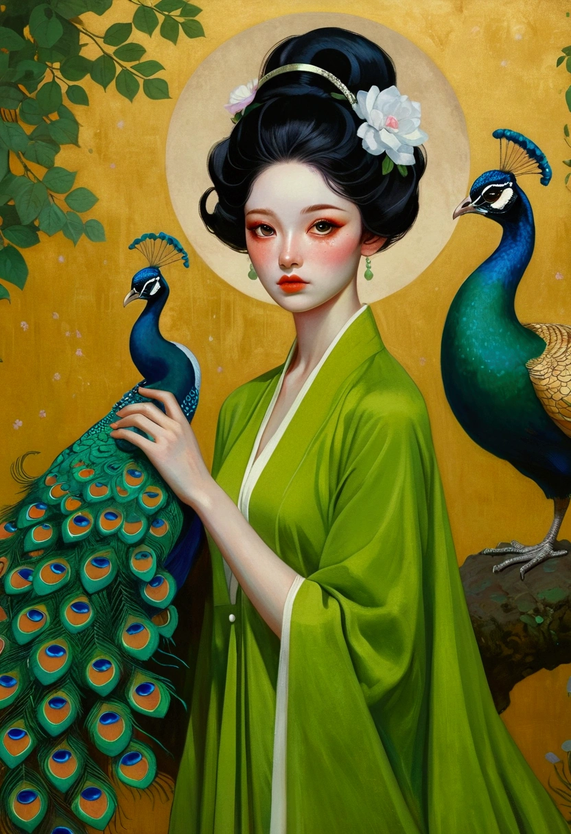 A woman in a green dress in the painting，A peacock perched on his shoulder, Tom Bagshaw Donato Giancora, Natalie Shaw Tom Bagshaw, Artgerm and Tom bAgshAw, Beautiful character painting, Artgerm Julie Bell Beeple, Chie Yoshii, Art Jam and James Jean, Art by Tom Bagsha, tom bagshaw style