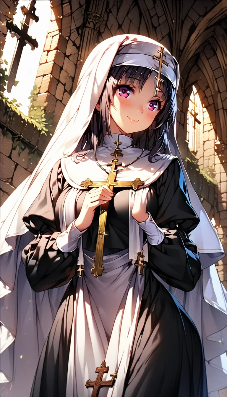 (Highest quality, 8k, 32K, masterpiece, Ultra-high resolution,:1.2),born, One girl,Super cute , Natural light,Clear, shining eyes, 20-year-old ,Fair skin, ((Extremely detailed CG unified 8k wallpaper)), (Huge and stunning goddess shot, Very hot and sexy, Incredible beauty, Perfect Proportions, Beautiful body, Slim body beauty:1.4), Medieval church, Brick wall, , ((Nuns, wearing white Nuns's outfit, Skins not showing, cross, Intricate details:1.3)), White Saint, Mid-chest, smile, pray