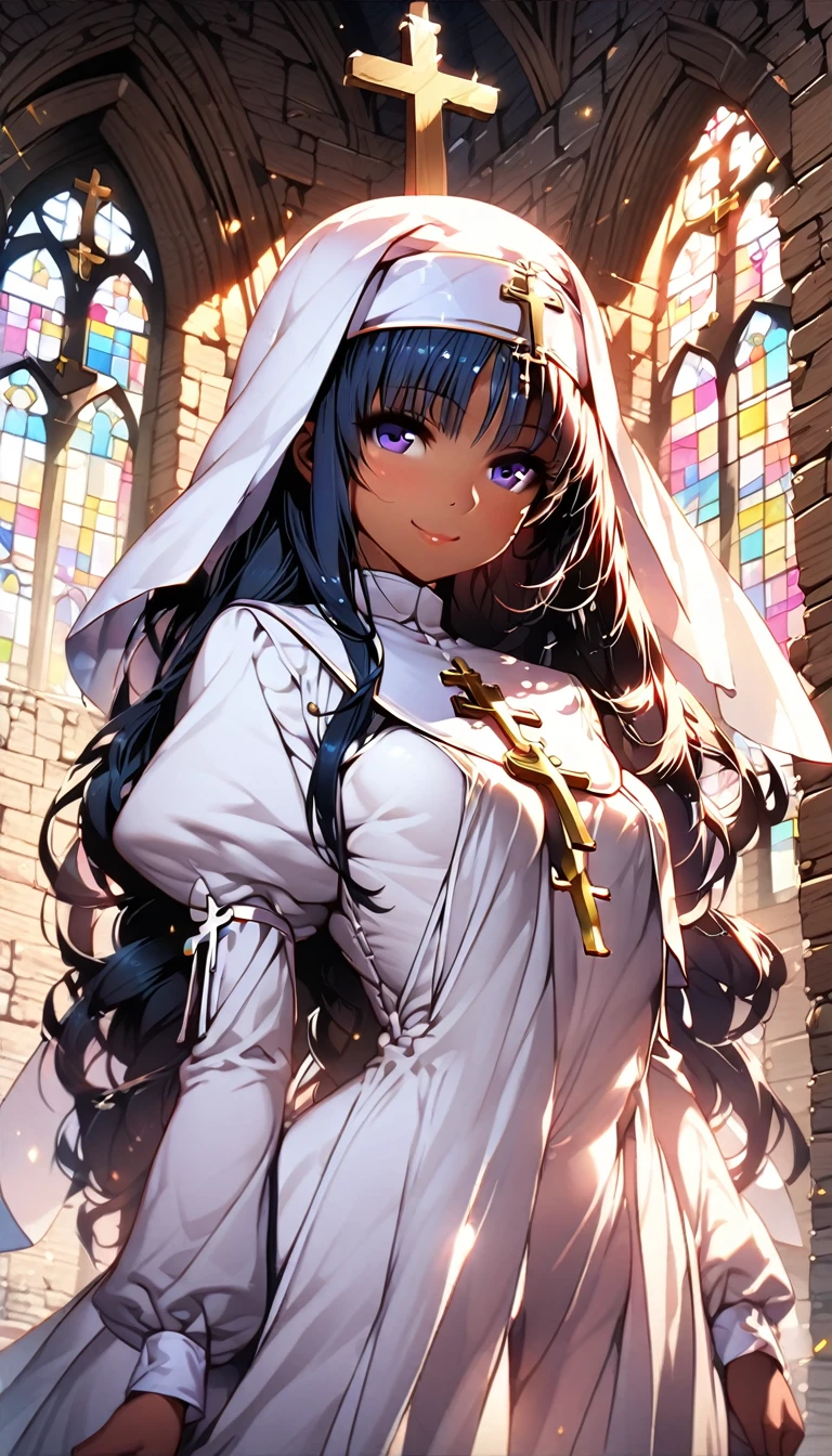 (Highest quality, 8k, 32K, masterpiece, Ultra-high resolution,:1.2),born, One girl,Super cute , Natural light,Clear, shining eyes, 20-year-old ,Fair skin, ((Extremely detailed CG unified 8k wallpaper)), (Huge and stunning goddess shot, Very hot and sexy, Incredible beauty, Perfect Proportions, Beautiful body, Slim body beauty:1.4), Medieval church, Brick wall, , ((Nuns, wearing white Nuns's outfit, Skins not showing, cross, Intricate details:1.3)), White Saint, Mid-chest, smile, pray