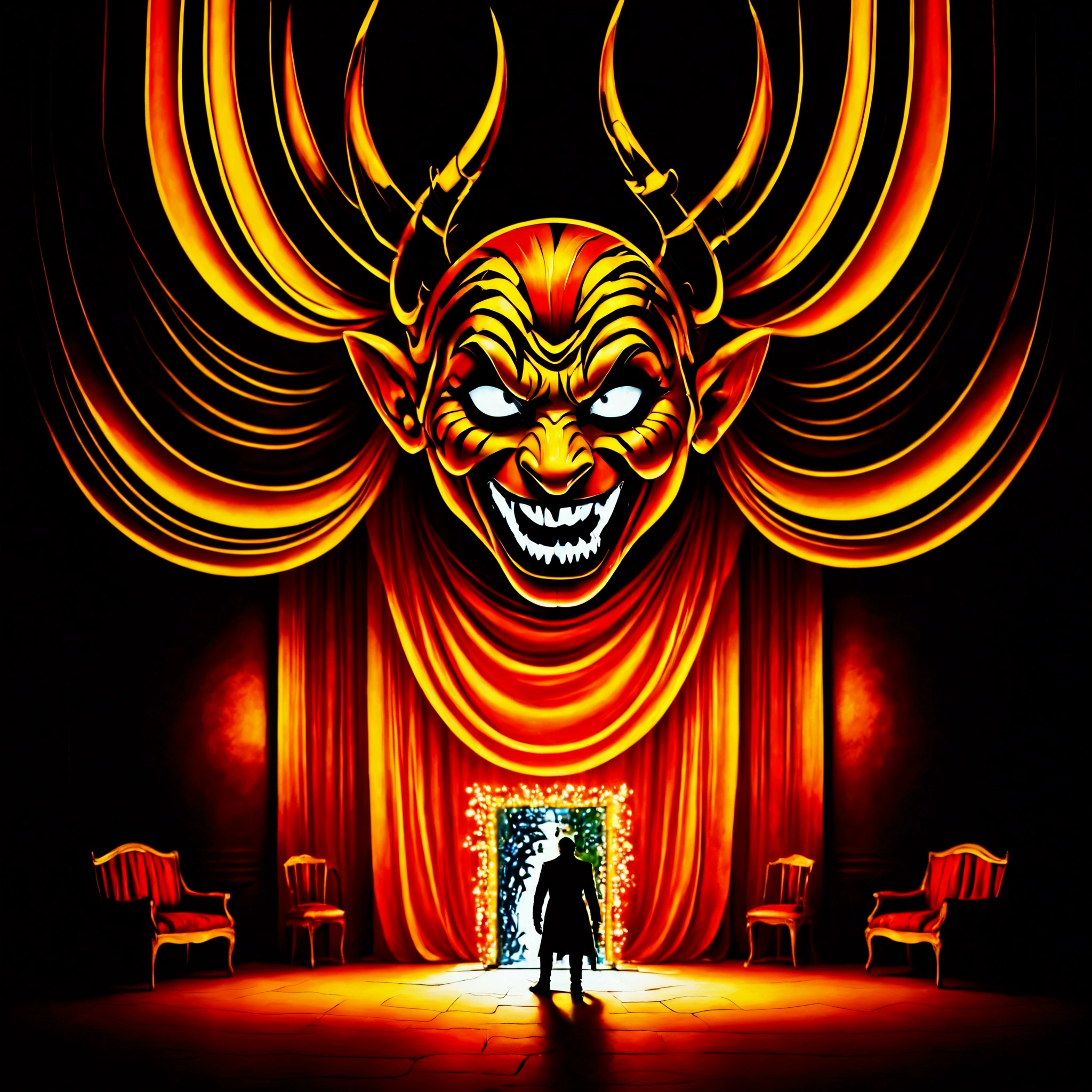 A grandiose theatrical setting with dramatic red and black striped curtains dominates the scene, illuminated by subtle lighting that casts shadows and highlights areas, evoking depth and dimensionality. A prominent, large, stylized mask takes center stage, its exaggerated facial features exuding mystery or menace. In the foreground, a person provides scale and grandeur, while the theatrical atmosphere suggests a staged performance space intended for an audience. The mask serves as a focal point, drawing the viewer into the narrative.