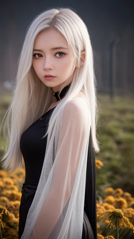 1 girl,alone,1 girl,alone,((Beautiful and delicate eyes)), (detail light),Depth of Field,(white hair),silver eyes,hair covering one eye,(safflower ), hair flower,long hair,Black cape,wet,emotionless,Look back,night,Starfall,rain,FOG,safflowers falling,sketch,Upper Body,strong shadow,
