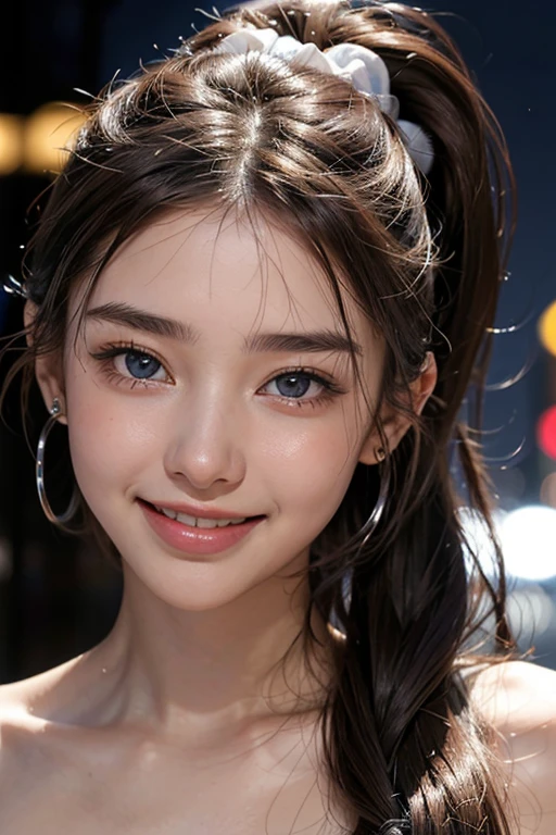 cute 17 year old,1 girl,slim face ,32K,Super realistic image quality,dynamic shadow,sparkling eyes,((Clear black eyes)),((cheerful smile)),((3 ear piercings)),clear pale blue eyes,movie theater lighting,((dark back alley)),((City lights)),night,Darkness of the city,suit, ((face close up:1.3)),((A smile showing white teeth)),((Open mouth and smile happily)),((Chestnut ponytail and scrunchie)),close, 32K, Raw photo, highest quality, masterpiece,realistic, photo-realistic,Completely flat chest,