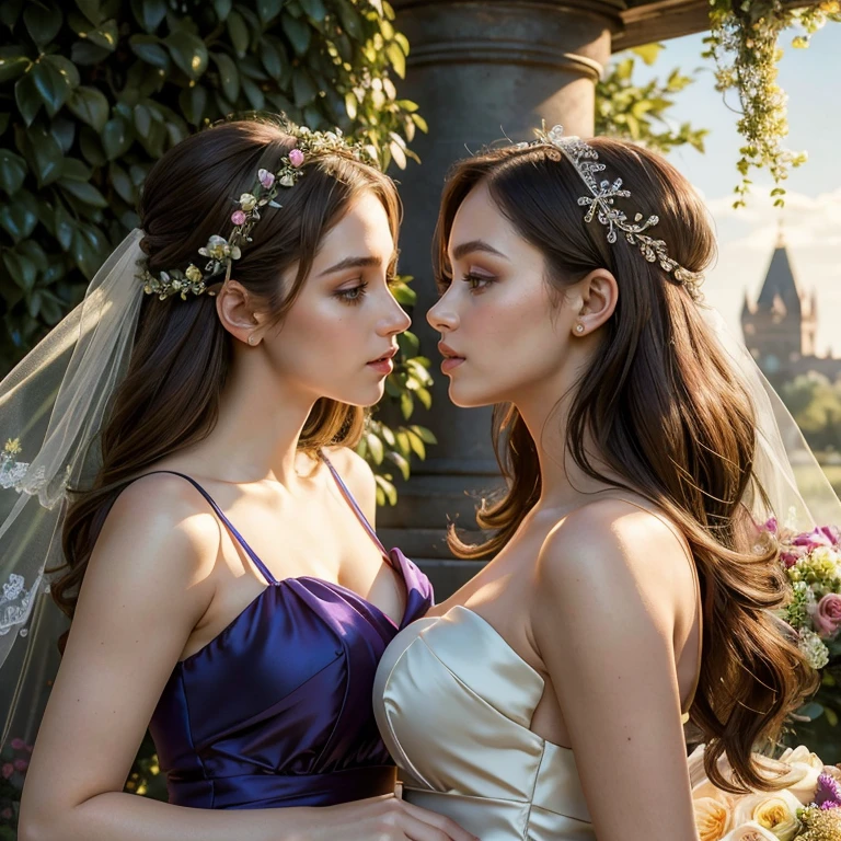 (​masterpiece, best quality:1.5), highest quality, High resolution, super detailed, Realists, Upper body photo of the brunette bridesmaids, detailed and beautiful eyes, beautiful detailed lips, very detailed eyes and face, longeyelashes, Woman in bridesmaid dress made of shiny satin fabric, Beautiful and colorful makeup, elegant and noble々Pose,shiny satin headband, Grinding, Holding flowers, Gardens as background, soft daylight, bright colors, fine brushstrokes, Portrait style, Noble details in the dress fabric, beautiful color palette, glowing skin, First-class rendering, that captures every detail, enchanting atmosphere, subtle shadows and lights, (perfect ???????:1.2), (The two stunning bridesmaids are deeply in love and passionate, teasing look:1.4), (kiss:1.2), (magnificent panorama view:1.2)
