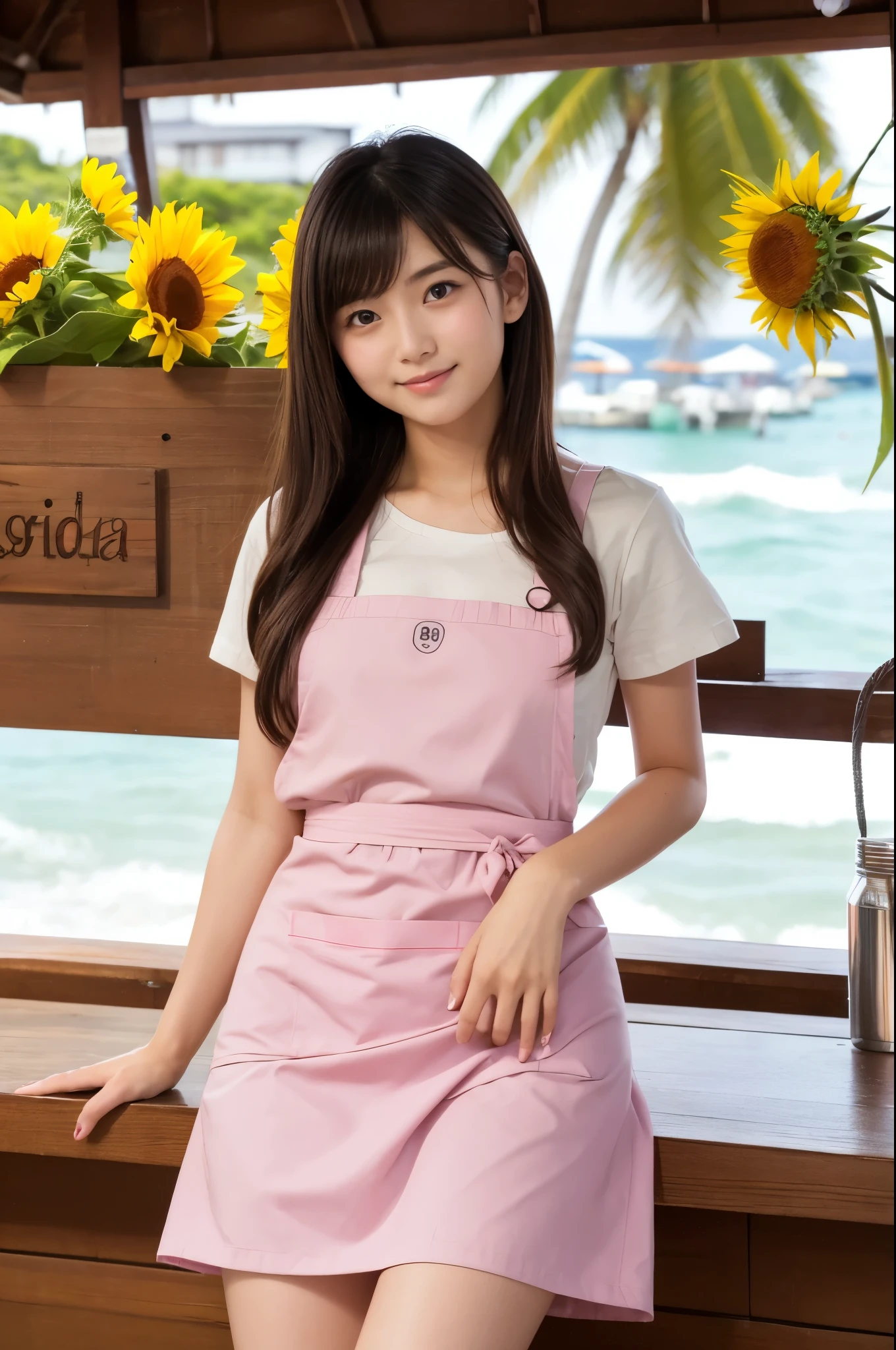 20 years old girl (Japanese pretty face) is wearing light pink apron, mini skirt at the beach bar with sunflower