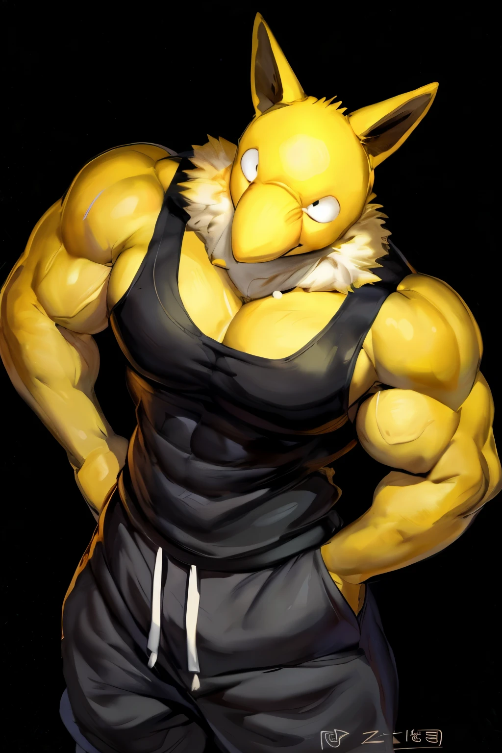 Furry, Anthro, solo, Hypno, Male, (((muscular body, massive thighs, massive male pectorals, fluffy neck, yellow skin, wearing black tanktop, wearing black sweatpants))), ((((massive biceps, thinking pose)))), ((((((massive bulky torso, wide-eyed, head tilted, facing viewer)))))), black/yellow spraypainted background, by buta99, by zackary911, by bebebebebe, (((digital painting)))