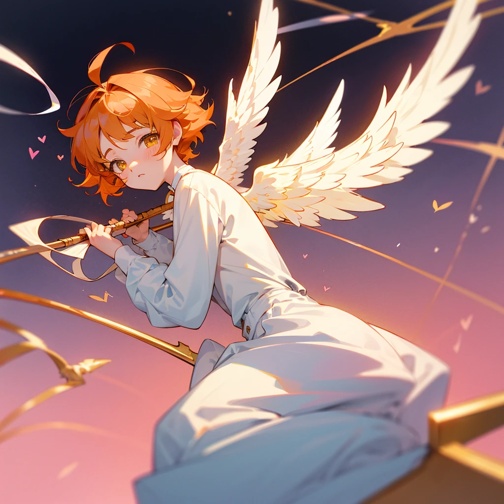 anime boy, short boy, , orange hair, yellow eyes, white angel wings, angel, small, cute, short fluffy hair, angel boy, small, long sleeve, cupid, hair with bangs
I am a cupid
cupid
bow with heart arrow
hearts
pastel pink background