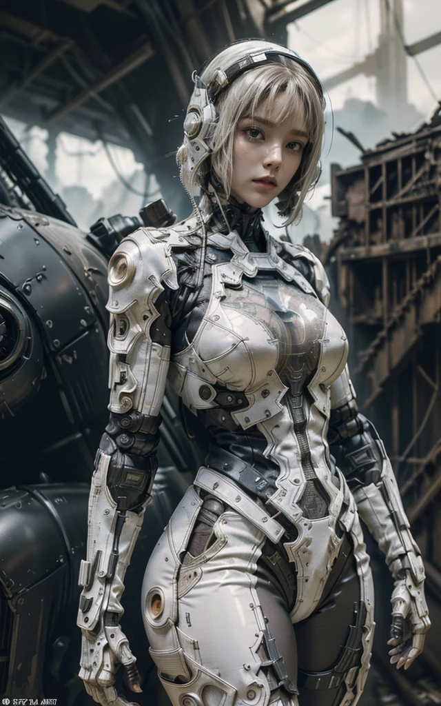 Jean Giraud, Wasteland of Doom, (woman, techwear is stylish and extremely beautiful:1.4),White tight mecha (Intricate details, masterpiece, best quality:1.4) , nicholmory style, Dystopian style, desolate, After the apocalypse, depressed, drama, Very detailed content, Looking at the audience, Dynamic poses, Dynamic camera angles,