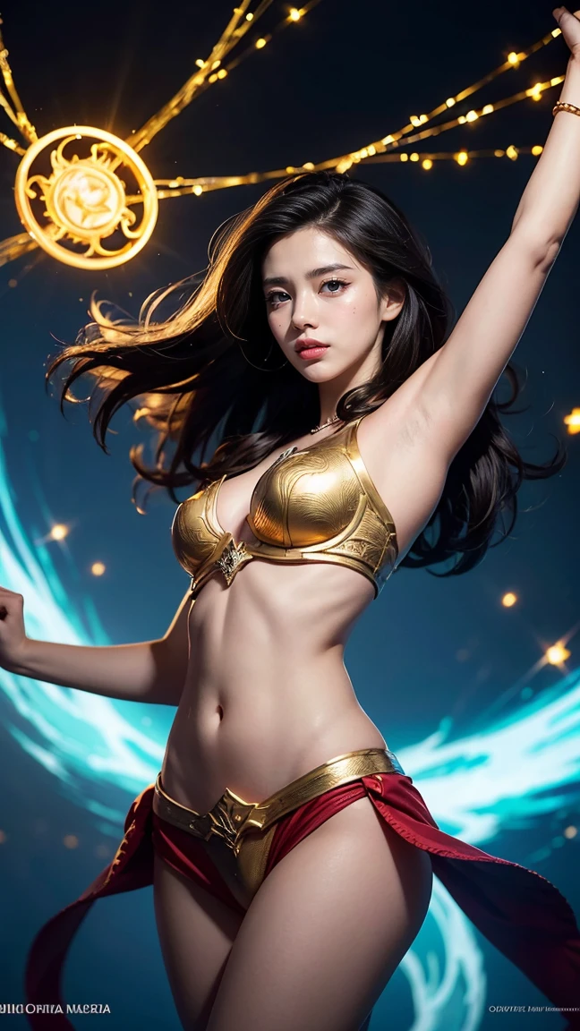 "Show Lee Sin from League of Legends by Riot Games, reimagined as a female, in her God Fist skin, featuring her divine, no having clothes,golden armor with radiant light and intricate patterns, having massive k-cups:1.55. She's in a celestial arena with divine symbols and holy light, in an attractive pose with her fist raised and glowing."
