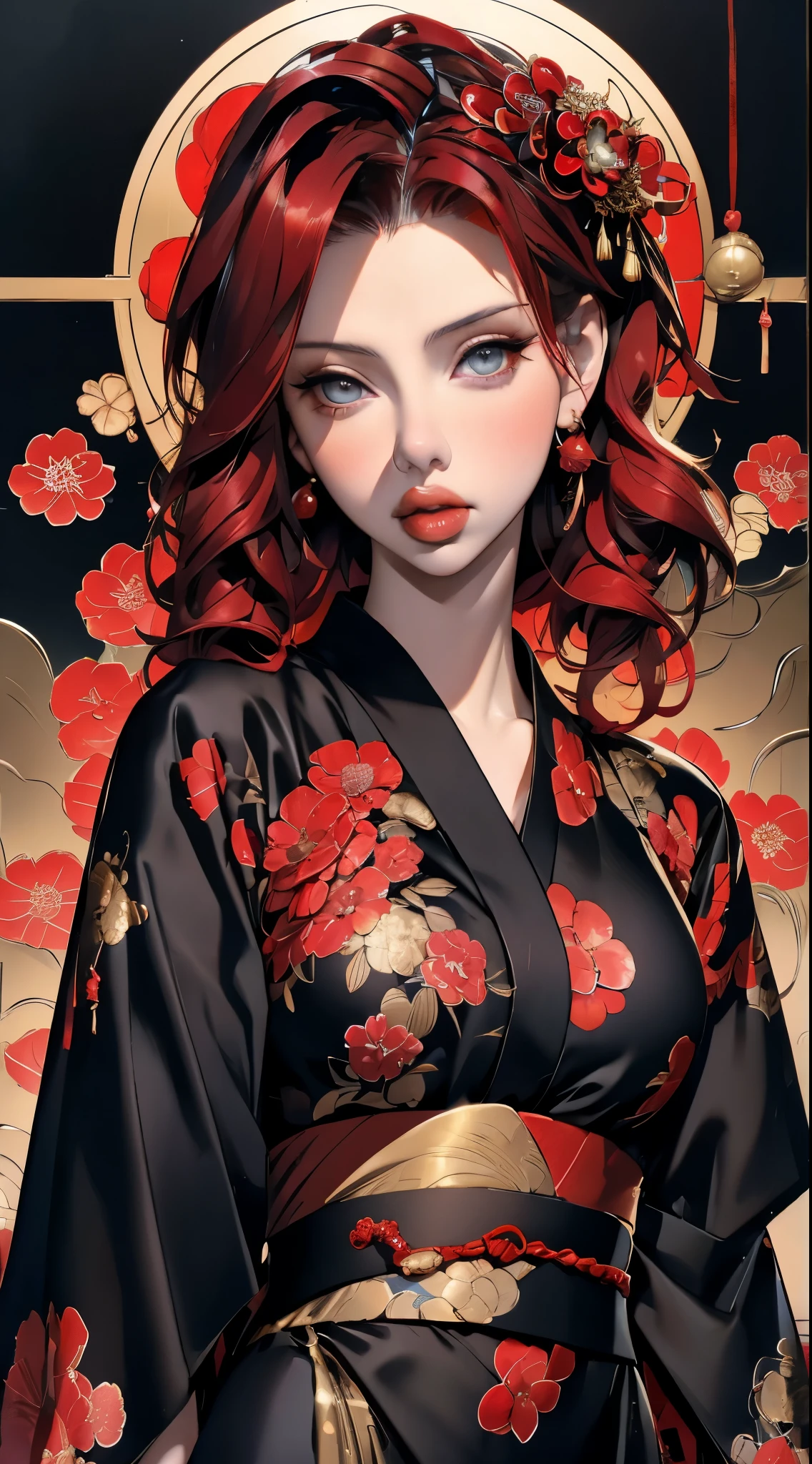 ((Scarlet Johansson)) black widow in a golden red kimono dress with a gold halo, japanese goddess, chie yoshii, elegant japanese woman, portrait of a beautiful geisha, intricate geisha kimono, japanese art style