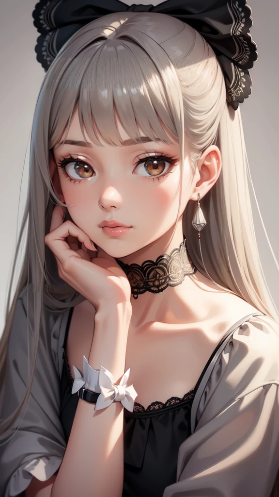 cute, ultra-detailed, illustration, intricate, detailed, extremely detailed, detailed face, soft lighting, soft light, soft focus, perfect face, beautiful, accurate anatomy, overexposure, 8k, 4k, (highres:1.1), best quality, (masterpiece:1.3), 1girl, solo, jewelry, brown eyes, looking at viewer, earrings, grey hair, bangs, choker, closed mouth, portrait, watch, hair ornament, simple background, grey background, long hair, head rest, lips, hair bow, black choker, bow, eyelashes