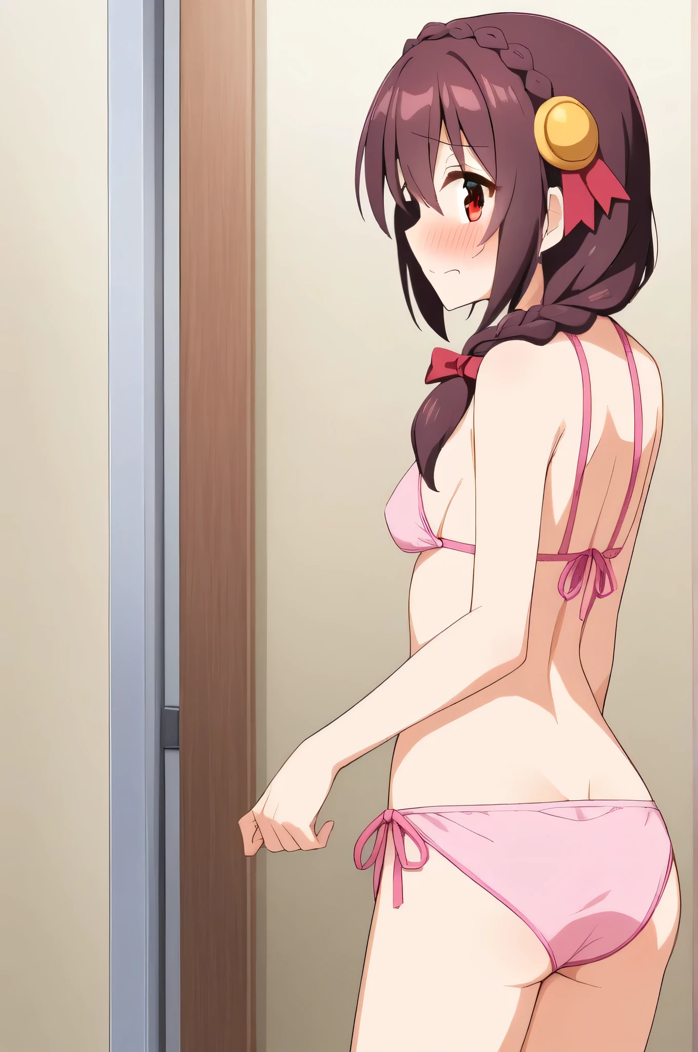 alone, One girl, Yunyun、blush , Crown braids of the same color as your hair, Red Eyes、hair ornaments, Hair Ribbon, (Pink Bikini)、Dressing room、(Embarrassed look:1.4)、The whole body is visible、Looking back