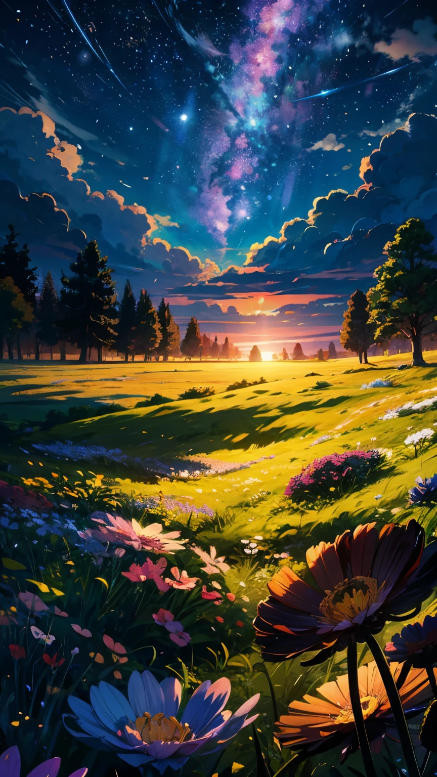 Viral anime nature wallpaper in 4K quality, in the style of Pixar 3D inspired by Toy Story, showcasing a lush meadow filled with colorful wildflowers, a clear blue sky with fluffy clouds, and a single majestic tree standing in the middle; bright and cheerful color temperature, cosmos lighting with stars twinkling in the sky, no human characters, the atmosphere is whimsical and joyful --v 5 --stylize 1000