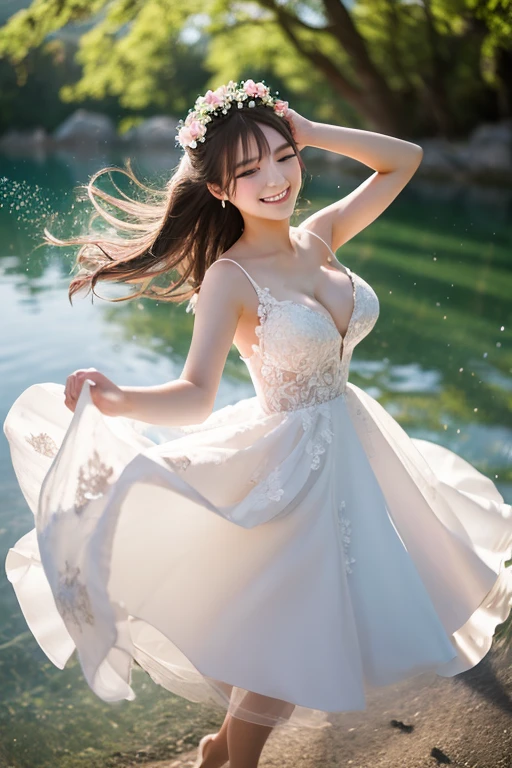 
A girl smiling in a sexy wedding dress, Japanese women。Beautiful breasts。

Textured skin, Flower storm、Front blur, Hair Flower, Lens flare, Sparkle Effect, reflected light, Lakeside。
Bouncing