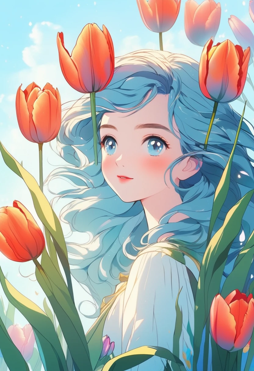 Illustrator, pale skin girl holding very large tulip stem, playful, bright theme, fantasy, (best quality, 4k, 8k, high resolution, masterpiece: 1.2), highly detailed, (realistic: 1.37), illustration, ( beauty details), magic flower, blue gradient background, neon hair, textured, (masterpiece, best quality),