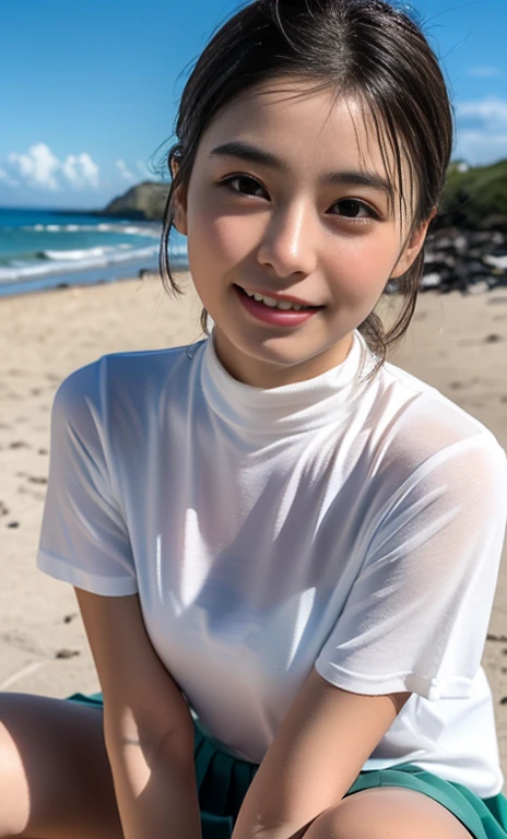 (a gorgeous asian lady, age 20s, wearing a wet oversized white high-neck t-shirt, pleated skirt, squatting at a polluted beach, removing trash plastic, Beach Cleanup, Ocean Cleanup, (beach by the sea:1.2),

Hopeful expression, kind smile, dimpled cheeks, short ponytail, short bob hair, cute snaggleteeth, ample round bosom, perfect body anatomy, photorealistic, beautiful detailed eyes, 

hyper-realism, high contrast, ultra HD, realistic skin textures, top image quality, top-quality, super high resolution, fine details, serene ambience, very meticulously, high angle shot, medium shot, cowboy shot, sun rays, lens flare, SFW)
