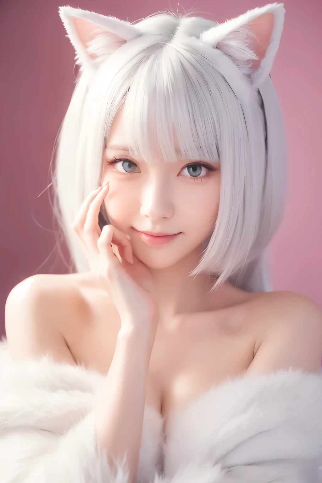 Anime girl with a pair of cat ears, Soft white hair inside the ears, Her eyes were wide open.,Curious, She was happy to see me, beautiful eyes, White hair, Pink Eyes, Good Art, Good painting, anime 2D, 2D, Lovely, 2 hands,5 fingers on each hand, Beautiful hands, well drawn hands, 4K, 8K,bust