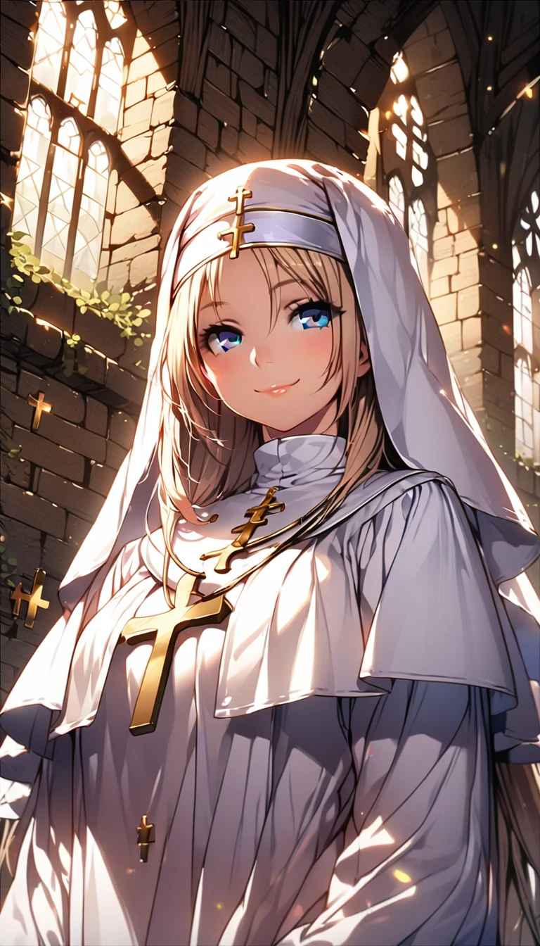(Highest quality, 8k, 32K, masterpiece, Ultra-high resolution,:1.2),born, One girl,Super cute , Natural light,Clear, shining eyes, 20-year-old ,Fair skin, ((Extremely detailed CG unified 8k wallpaper)), (Huge and stunning goddess shot, Very hot and sexy, Incredible beauty, Perfect Proportions, Beautiful body, Slim body beauty:1.4), Medieval church, Brick wall, , ((Nuns, wearing white Nuns's outfit, Skins not showing, cross, Intricate details:1.3)), White Saint, Mid-chest, smile, pray