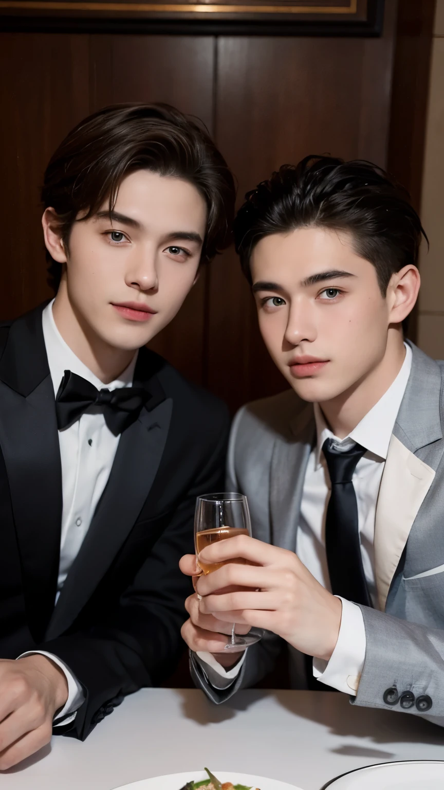 top quality, masterpiece, ultra high resolution, realistic, photo portrait of two European boys, 18-year-olds, Dinner at an expensive upscale restaurant ! Look good, Look at each other, formal suit、seductive smile .