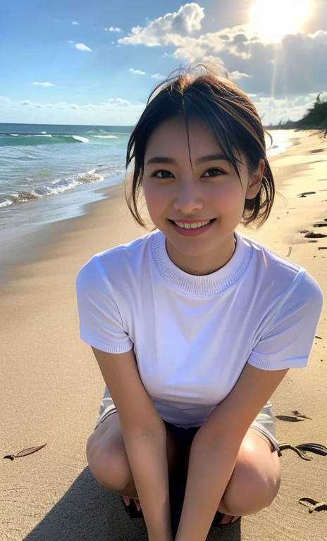 (a gorgeous asian lady, age 20s, wearing a wet oversized white high-neck t-shirt, pleated skirt, squatting at a polluted beach, removing trash plastic, Beach Cleanup, Ocean Cleanup, (beach by the sea:1.2),
Hopeful expression, kind smile, dimpled cheeks, short ponytail, short bob hair, cute snaggleteeth, ample round bosom, perfect body anatomy, photorealistic, beautiful detailed eyes,
hyper-realism, high contrast, ultra HD, realistic skin textures, top image quality, top-quality, super high resolution, fine details, serene ambience, very meticulously, high angle shot, medium shot, cowboy shot, sun rays, lens flare, SFW)