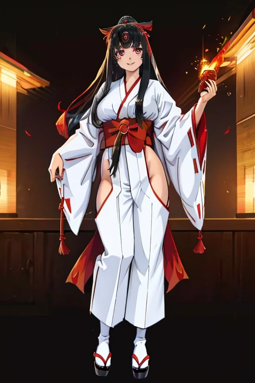 female, silver long hair, red eyes, (((1girl))), (((red kimono))), (black Japanese sandals), (white socks), (black hakama pants), cute and sexy, full body, large breasts, long legs, smiling, standing