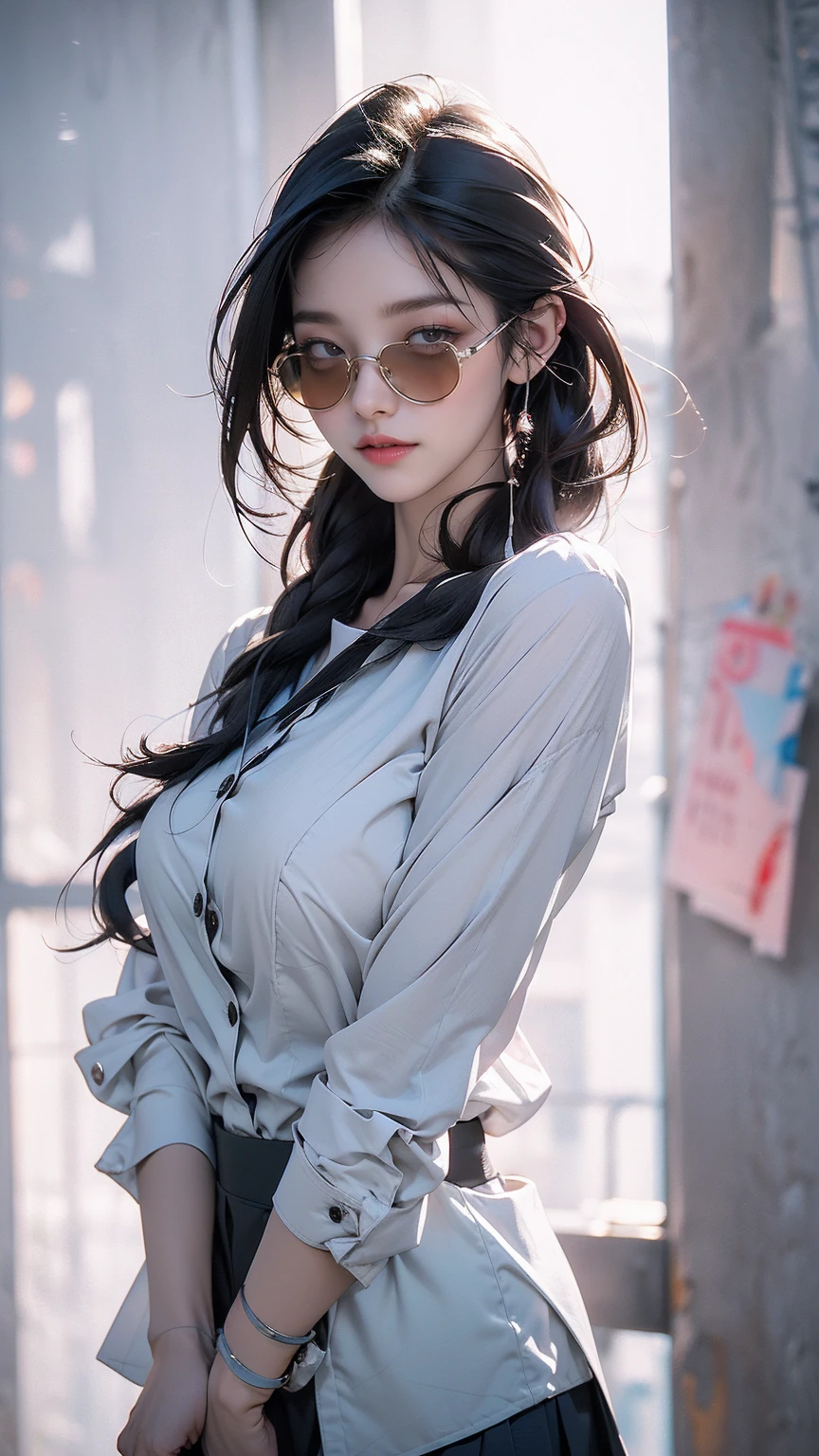 完美center, Cute kittens all over, Wear a school uniform jacket., wearing sunglasses, Wearing headphones, cheerful, Standing position, abstract beauty, center, looking at camera, Front camera, almost perfect, dynamic, moonlight, very detailed, number, art station, concept art, smooth, Sharp focus, 8ก, high resolution, illustration, งานศิลปะโดย Carne Griffiths และ Wadim Kashin, white background，，Empty ditch (big breasts:1.2),Wet skin（（Cheater））Cool atmosphere