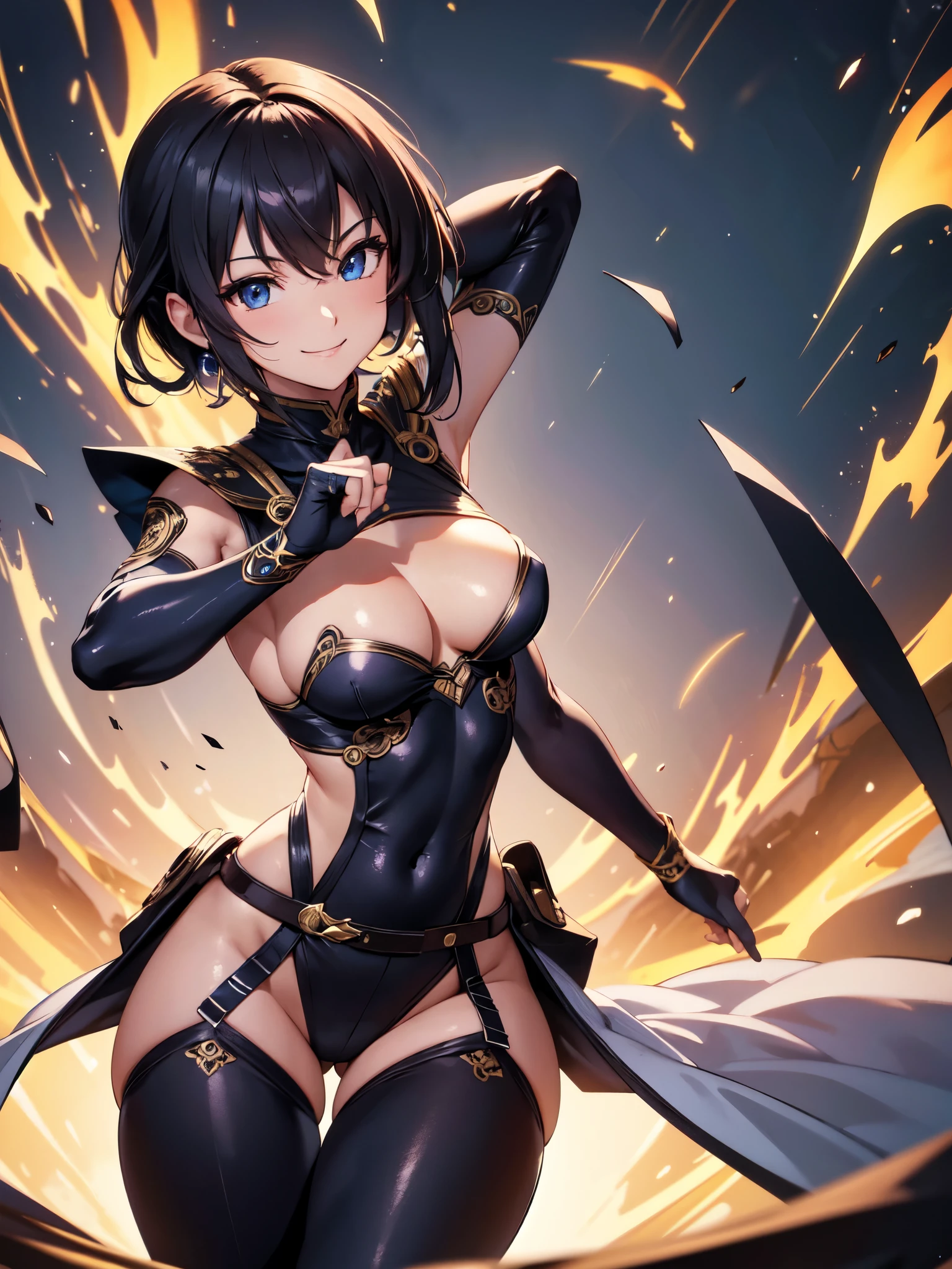 masterpiece, best quality, illustration, ultra-detailed, finely detailed, high resolution, 8K wallpaper, perfect dynamic composition, beautiful detailed eyes, ninja costume, medium hair, small breasts, dynamic pose, smile, looking at camera