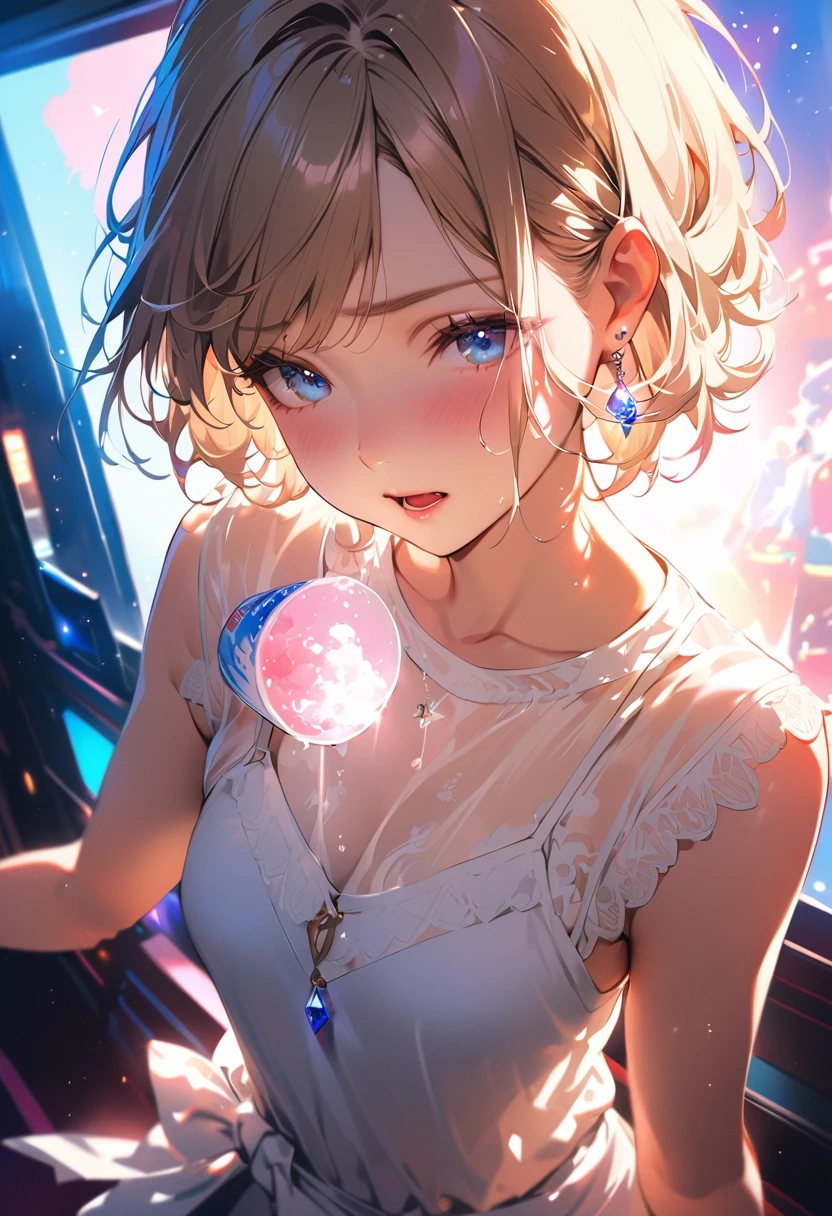 masterpiece, Highest quality, (((Eating shaved ice makes me feel refreshed)))、(((I shut my eyes tightly and scream in pain)))、Raising awareness, Sax Blue, プラチナEarrings, Platinum Necklace, White Dress, One Girl, cute, (Dynamic Lighting:1.2), Cinema Lighting, Delicate facial features, Detailed eyes, Sharp pupils, Realistic student, Written boundary depth, ボケ Written boundary depth, Sharp focus, (Very detailed, bloom, Shine:1.4), Lots of little gems, (((short_hair))), Twin tails、Earrings、分けた前hair、銀hair、Upper Body、Ultra close-up footage、She wears a see-through tank top.The top is transparent up to the chest.、See-through design。ボトムスは非常にshortネイビーブルーのプリーツスカートで、Fits snugly around the waist。The background is simple white.、this、The text is easier to see.。The light source is a soft light from the front....、The overall atmosphere is bright and clean....。