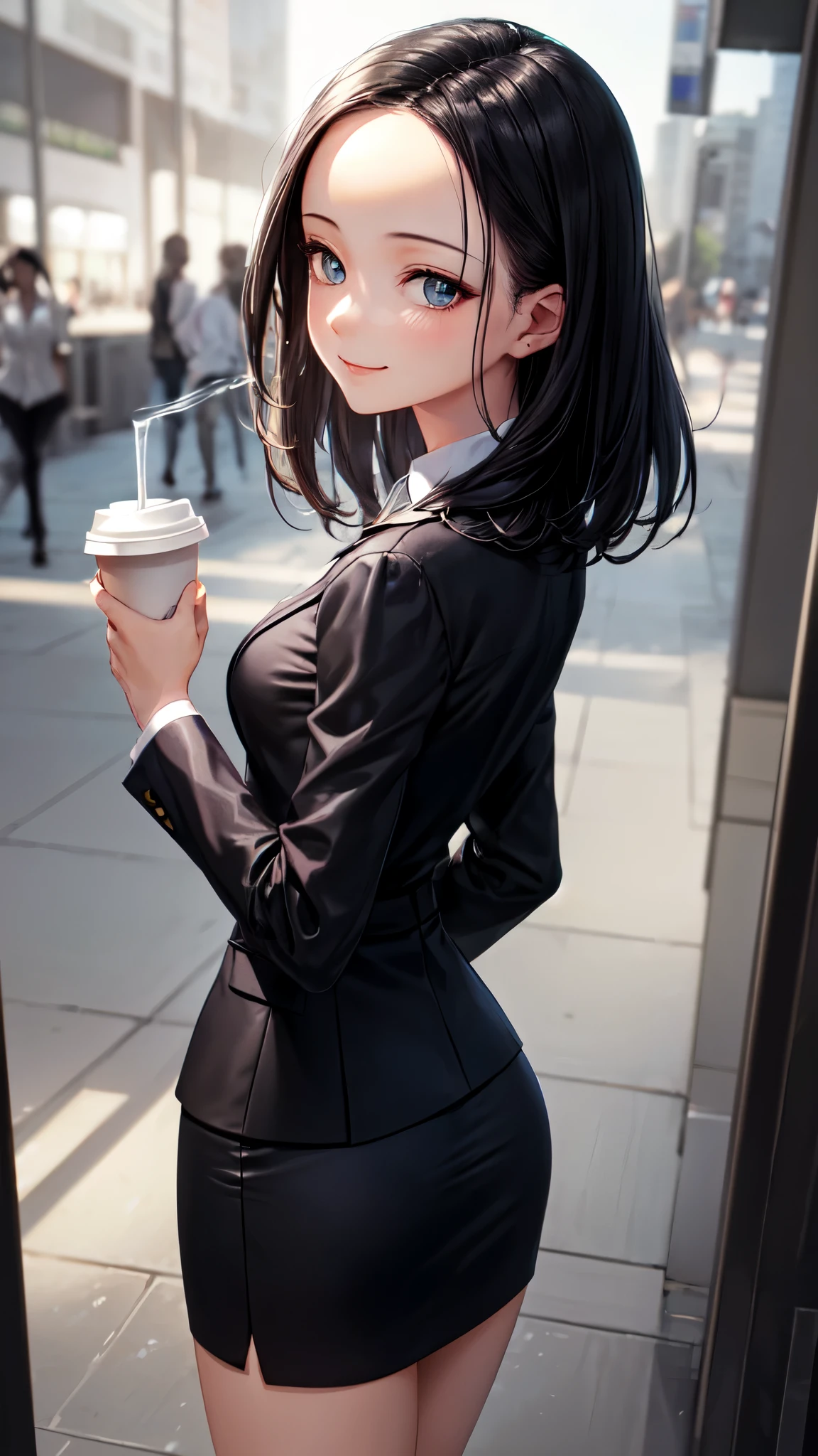 (masterpiece,best quality,ultra detailed,high resolution),((solo)),from behind,light-smile,lokking viewer,(beautiful woman),(black hair,straight hair,medium hair,forehead),(beautiful detailed face,beautiful detailed eyes),(finely detailed skin),(skinny,short,small breast,small hip),(business suit,tight skirt),((panty lines)),walking on the station,drinking coffee,