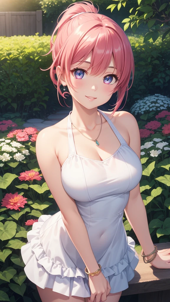 1girl, natural lighting, masterpiece, highly detailed, illustration, game CG, absurdres, high quality, aichan, large breasts, beautiful detailed eyes, medium bright pink hair, ponytail, bangs, glossy lips, light smile, garden, halter top layered minidress, bracelets, necklace, jewelry,