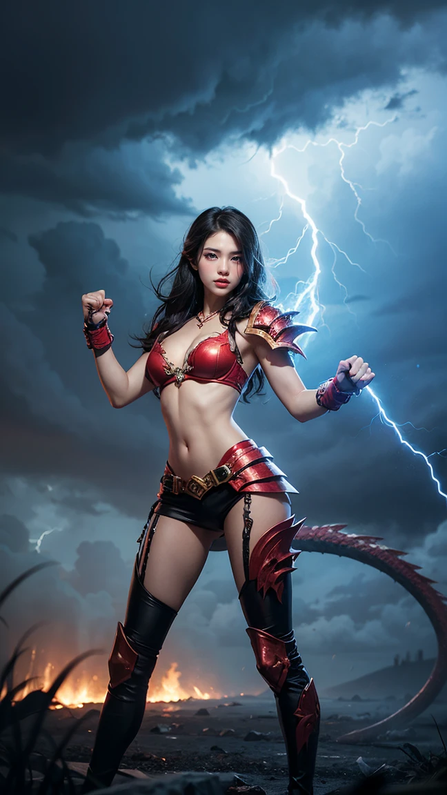 "Illustrate Lee Sin from League of Legends by Riot Games, reimagined as a female, in her Storm Dragon skin, featuring her storm-themed armor with electric accents and dragon motifs,no having clothes, having massive k-cups:1.55. She's in a stormy battlefield with lightning strikes and dark clouds, in an attractive pose with her fists crackling with electricity."

